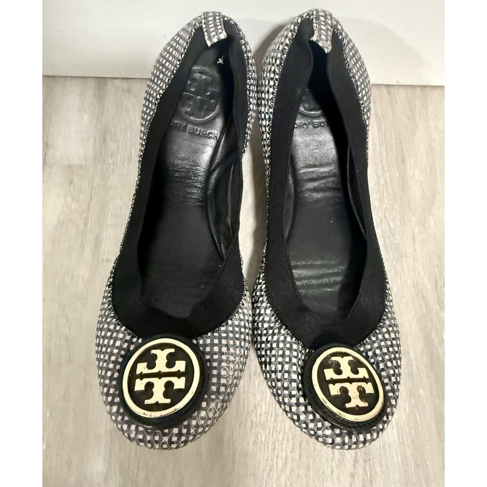 Tory Burch Reva Ballet Flats Womens‎ 5 Black White Checkered Good Patent Leather